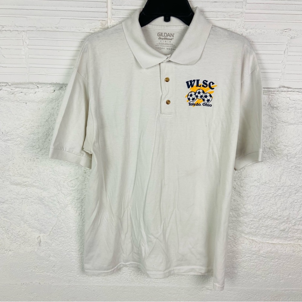 Gildan dryblend White Polo Shirt with WLSC Toledo Ohio soccer ball Logo SZ large